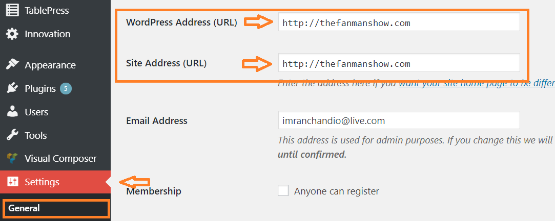 WordPress address url and site address url settings