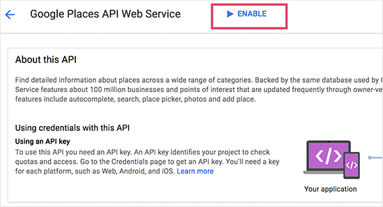 How to enable google API Web Service
