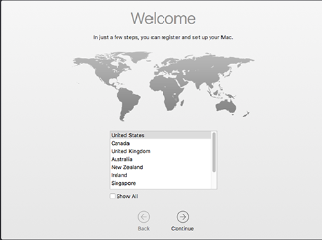 Install Mac OS Sierra in Virtual Box - macOS virtual machine welcome screen