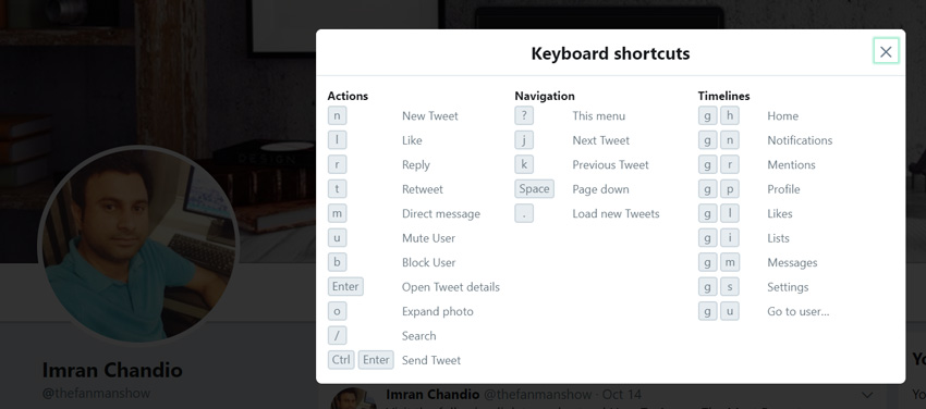 how to find Twitter Shortcut keys