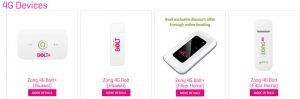 Zong 3G/4G Devices for daily weekly monthly internet packages